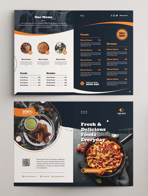 Restaurant Menu Bifold Brochure Template PSD, AI, EPS Bifold Menu Design, Food Menu Card Design, Modern Menu Design, Brochure Restaurant, Food Brochure, Restaurant Menu Card, Restaurant Brochures, Menu Sans Gluten, Catalog Design Layout