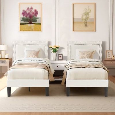 This twin platform bed comes with a minimalist design style tufted upholstered headboard that is not only comfortable but gives you a warm and soft atmosphere, the elegant and classic design can match perfectly with a variety of home decor and is an excellent addition to your bedroom. A sturdy & simple frame that blends perfectly with the style of almost any room. Adjustable height headboard fits any size and material of your mattress. Metal frame and hardwood slats support any latex, innersprin Twin Beds With Window In Middle, Twin Bed Master Room, Guest Room With 2 Twin Beds, Shared Bedroom Twin Beds, Matching Twin Beds Guest Room, Bedroom Ideas For Twin Beds, Twin Beds For Girls Room, Small Bedroom 2 Twin Beds, Matching Twin Beds Girls Room