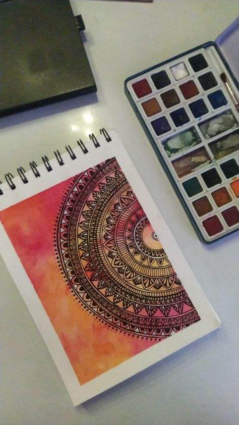 Mandala art made with watercolors on a5 size sketchbook A5 Mandala Art, A5 Size Drawings, A5 Sketchbook Drawings, Simple Canvas Paintings, Sketchbook Drawings, Boho Art, Canvas Paintings, Mandala Art, Paper Crafts Diy