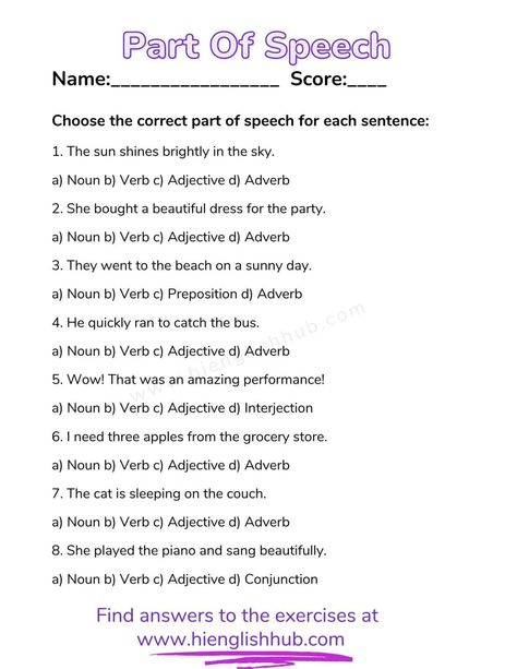 Part Of Speech In English: Definitions, Examples, And Exercises With Answers - Hi English Hub Part Of Speech Grammar Worksheet, Parts Of Speech Worksheet With Answers, Part Of Speech Worksheet, Parts Of Speech Test, Parts Of Speech Exercises, Parts Of Speech Worksheet, Parts Of Speech Sentences, English Definitions, Parts Of Speech Practice