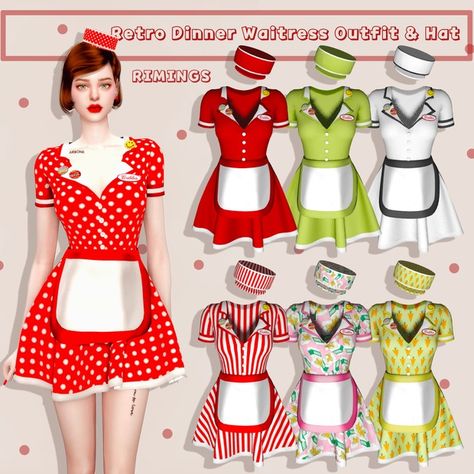 [RIMINGS] Retro Dinner Waitress Outfit & Hat | Patreon Sims 4 Diner Uniform, Sims 4 Waitress Outfit, Waiter Outfit, Sims Accessories, Sims Fashion, Waitress Outfit, Retro Dinner, Waitress Uniform, 50's Diner