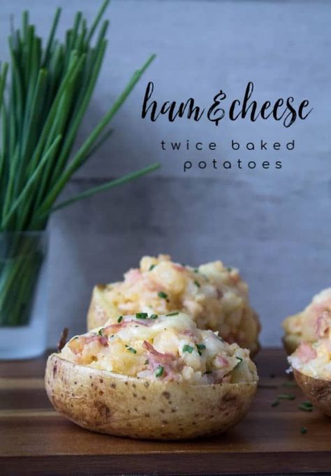 These Ham & Cheese Twice Baked Potatoes are a super simple meal made with easy to find ingredients. The flavor runs through because we mix all the good stuff together and bake it all together. This ain't your grandma's baked potato. It's way more awesome. #bakedpotatorecipe #twicebakedpotato #potatorecipe Potato Loaded, Loaded Baked Potato Casserole, Twice Baked Potato, Stuffed Baked Potatoes, Baked Potato Casserole, Ham And Eggs, Baked Potato Recipes, Pork Ham, Loaded Baked Potatoes