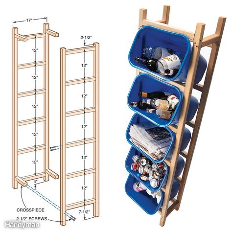 Five plastic containers, six 2x2s and screws, and one hour's work are all it takes to put together this space-saving recycling storage rack. Our frame fits containers that have a top that measures 14-1/2 in. x 10 in. and are 15 in. tall. Our containers were made by Rubbermaid. If you use different-size containers, adjust the distance between the uprights so the 2x2s will catch the lip of the container. Then adjust the spacing of the horizontal rungs for a snug fit when the container is angled as Wooden Garage Shelves, Recycling Storage, Pegboard Storage, Garage Organization Tips, Diy Storage Shelves, Garage Organize, Wooden Garage, Diy Garage Shelves, Diy Garage Storage