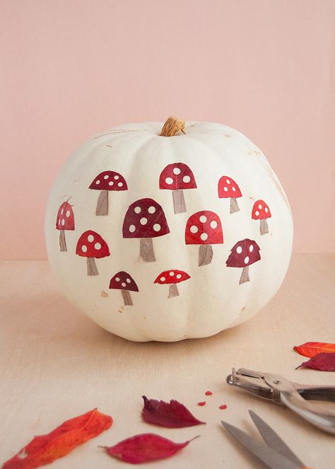 Mushroom Leaf Art Pumpkin | Handmade Charlotte Pumpkin Painting Party, Halloween Pumpkin Crafts, Creative Pumpkin Painting, Mushroom Paint, Art Pumpkin, Halloween Pumpkin Designs, Pretty Pumpkins, Handmade Charlotte, Painted Pumpkin