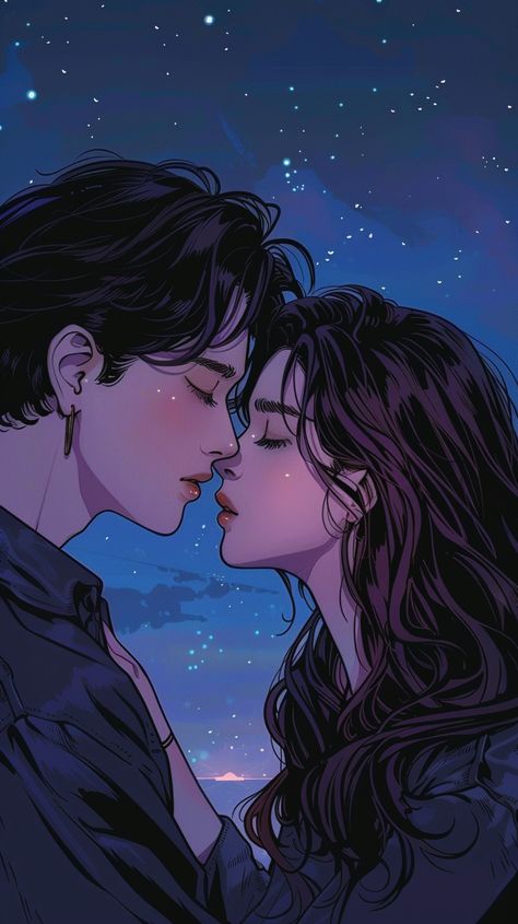 Bathed in the luminescent glow of the moon, Ramona and Jace found themselves lost in the romantic dimension of their favorite Manhwa, "Twin Flame". In these pages, their love story unraveled, beautifully and gently. Their hearts, traced by the same destiny, pulsed ardently in a symphony of raw emotions. As their fingers softly intertwined, they shared a passionate kiss under the moonlit night, mirroring their illustrated counterparts. Love Romance Art, Drawing For Love, Love Picture Art, Kissing Illustration, Kiss Picture Couple, Apple Whiskey, Book Cover Art Design, Twin Frame, Art Love Couple