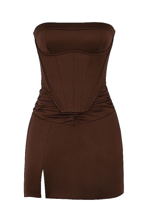 Strapless Corset Mini Dress, Chocolate Satin, Strapless Corset, Corset Mini Dress, Brown Dress, Lookbook Outfits, Pretty Dresses, Elegant Dresses, Aesthetic Clothes