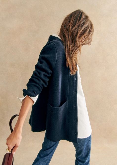 Will Knit Jacket - Navy  - Merino Wool - Sézane Sezane Will Jacket Outfit, Sezane Winter, Wool Jacket Outfit, Navy Jacket Outfit, Sezane Style, 2024 Clothes, Comfy Fall Outfits, Simple Wardrobe, Classic White Shirt