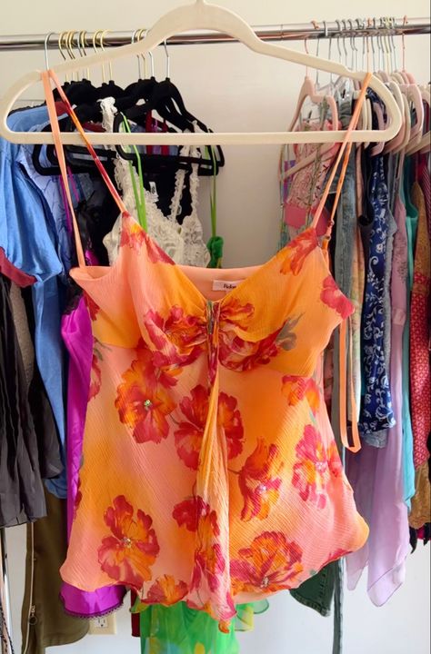 Orange floral camisole tank top from the early 2000s Fairy Blouse, Floral Camisole, Cute Vacation Outfits, Vintage Fairy, Pack Your Bags, Y2k Vintage, Swaggy Outfits, 2000s Fashion, Vacation Outfits