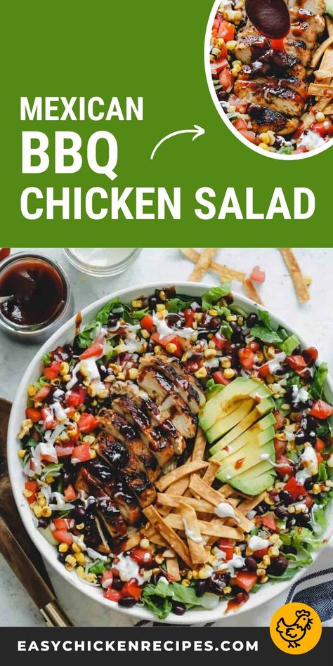 This Mexican BBQ Chicken Salad is a fresh and vibrant dish loaded with corn, black beans, avocado, and more. Topped with juicy BBQ chicken and a drizzle of ranch dressing, this salad is ready in just 20 minutes! Pop over to my site for this easy dinner recipe! Mexican Bbq, Bbq Chicken Salad Recipe, Chicken Breast Crockpot Recipes, Baked Chicken Fajitas, Crockpot Chicken Breast, Bbq Salads, Bbq Chicken Salad, Easy Grilled Chicken, Hearty Chicken