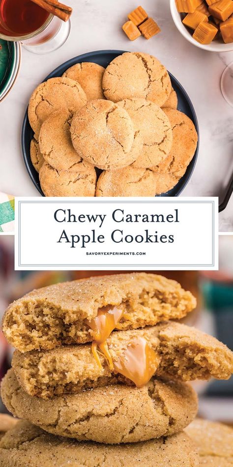 Caramel Apple Cookies are an easy way to enjoy a caramel apple! Apple spiced cookie dough stuffed with gooey caramel. The perfect fall treat! Carmel Apple Cookies Easy, Apple Pie Stuffed Cookies, Crumbl Fall Cookie, Fall Stuffed Cookies, Carmel Apple Cookie Recipes Easy, Apple Caramel Cookies, Caramel Apple Cookies Recipes, Fall Baking Apples, Colossal Cookies