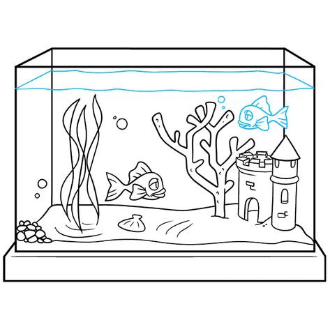 Fish Tank Drawing Easy, Fish Tank Drawing Art, Aquarium Fish Drawing, How To Draw An Aquarium, Fish Tank Drawing Aquarium, Aquarium Design Drawing, Aquarium Art Drawing, Aquarium Drawing Ideas, Aquarium Drawing For Kids