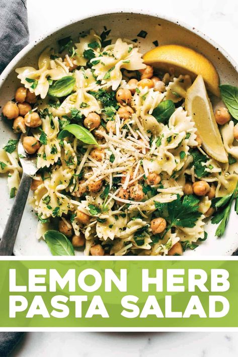 POY Lemon Herb Pasta Salad | Decent. Pea Pasta Salad Recipes, Lemon Herb Pasta, Boat Meals, Salad Potluck, Marinated Chickpeas, Lemon Pasta Salads, Herb Pasta, Gf Meals, Healthy Pasta Salad