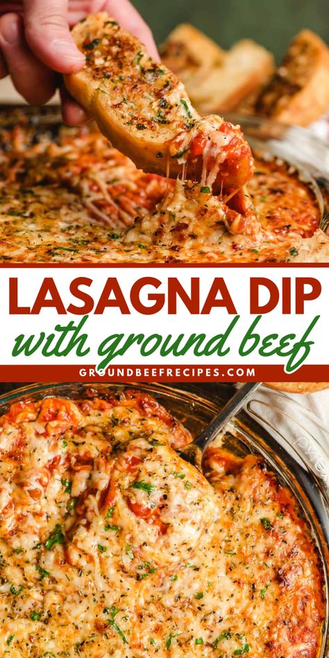 Whip up this easy lasagna dip with ground beef! It's a simple appetizer recipe. Creamy and cheesy, meaty and saucy, this hot dip tastes so good. No one will be able to resist this party snack! Lasagna Dip Crockpot, Dips Made With Ground Beef, Ground Beef Party Food, Cheesy Ground Beef Dip, Appetizer With Ground Beef, Ground Beef Appetizers For Party, Ground Beef Appetizer Recipes, Dips With Ground Beef, Ground Beef Dip Recipes