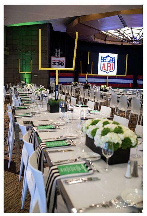 Nfl Draft Party Ideas, Football Banquet Decorations, 49ers Birthday Party, Football Dinner, Football Bar Mitzvah, Sweet 16 For Boys, Football Centerpieces, Rugby Party, Football Thanksgiving