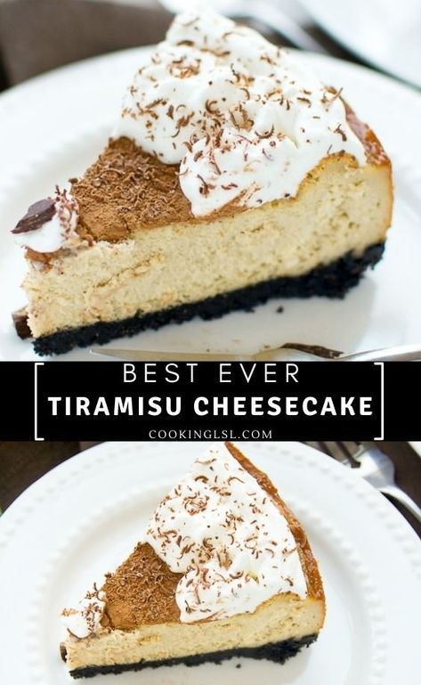 Tiramisu Cheesecake – Luscious, creamy and sweet coffee infused cheesecake with crumby Oreo cookie crust. Dusted with cocoa powder and topped with whipped cream, it combines two popular desserts – Tiramisu and Cheesecake. This is a recipe for a baked tiramisu cheesecake. Tastes much better that Cheesecake Factory’s Tiramisu cheesecake dessert. Tiramisu Poke Cake Recipe, Double Layer Cheesecake, Smoked Cheesecake, Tiramisu Cheesecake Recipe, Roll Desserts, Cinnamon Roll Desserts, Oreo Crust Cheesecake, Layer Cheesecake, Tiramisu Cheesecake