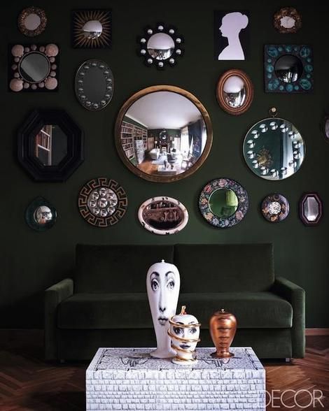 Barnaba Fornasetti Milan house in ELLE DECOR Remodel Fireplace, Entryway Christmas, Wall Mirror Diy, Green Couch, Casa Vintage, Green Walls, Green Rooms, Diy Mirror, Cole And Son