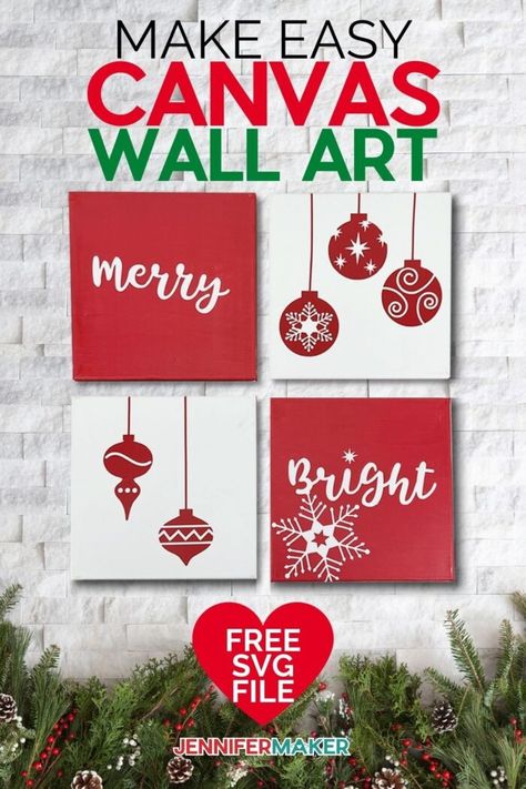 DIY Canvas Wall Art made using a Cricut and a free SVG file from JenniferMaker Crafts With Canvas Boards, Christmas Wall Decor Diy, Christmas Tree Canvas Art, Diy Christmas Canvas, Diy Christmas Wall, Jennifer Maker, Christmas Svgs, Crafts Cricut, Wall Art Tutorial