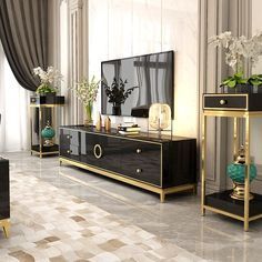 Freestanding Tv, Black And Gold Living Room, Tv Stand With Drawers, Black Tv Stand, Gold Living, Luxury Living Room Decor, Gold Living Room, Lounge Design, Black Furniture