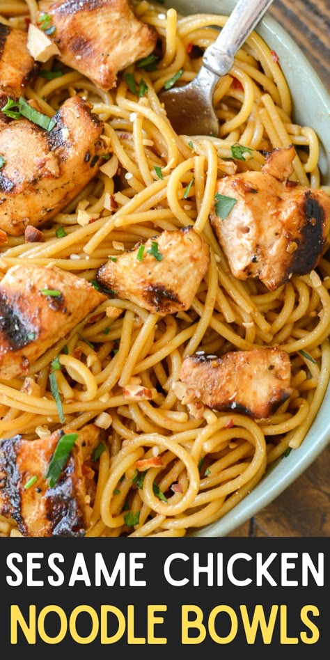 These Sesame Chicken Noodle Bowls are packed with tender orange chicken and sweet and spicy sesame noodles! Asian Chicken Noodles Recipe, Ginger Chicken With Sesame Peanut Sauce, Sesame Chicken Pasta, Sesame Chicken Ramen Noodles, Chicken Noodle Asian Recipes, Spicy Noodles With Chicken, Spicy Asian Noodles With Chicken, Sesame Chicken And Noodles, Asian Chicken Noodle Bowl