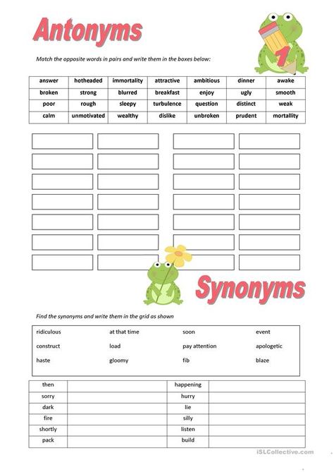 Antonyms And Synonyms, Synonym Activities, Antonyms Worksheet, English Grammar Test, English Grammar Rules, Teaching Vocabulary, Opposite Words, English Grammar Worksheets, Learning English For Kids