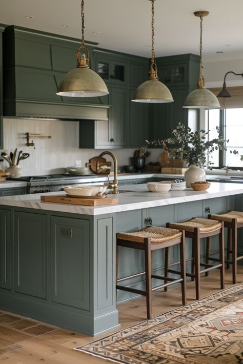 50+ Serene Kitchens with Sage Green Cabinets Green And Wood Kitchen Cabinets, Sage Cabinets Kitchen, Sage Green Cabinets Kitchen, Kitchen Light Green, Sage Green Cabinets, Kitchens Green, Green Kitchen Island, Sage Kitchen, Dark Green Kitchen