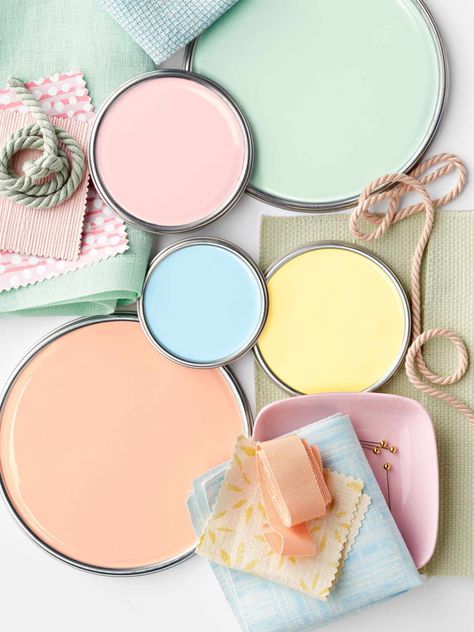 Achieve a color scheme you love with these expert paint tips. Pastel Cottagecore Color Palette, Pastel Paint Colors, Top Paint Colors, Yellow Paint Colors, Paint Color Chart, Paint Tips, Aesthetic Yellow, Pastel Color Schemes, House Color Palettes