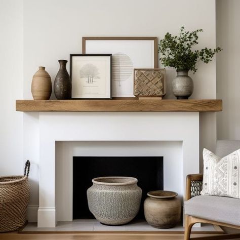 White Fireplace Natural Wood Mantle, Fireplace Mantle Living Room, Open Hearth Fireplace Modern, White Fireplace Styling, Scandinavian Fireplace Mantel, Scandinavian Fireplace Decor, Modern Fireplace With Wood Mantle, Wooden Mantle Decor, Fireplace Inspo Mantels