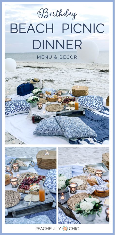 Plan the perfect picnic pallet dinner with menu & decor inspiration to get this look. Using blue & white themed pillows & blankets with natural wood accents to complement the cream gray beach backdrop perfect to catch the sunset. Coastal Beach Picnic, Diy Beach Picnic Set Up, Beach Picnic Menu Ideas, Picnic On Beach Aesthetic, Beach Themed Picnic, Beach Dinner Picnic, Beach Dinner Ideas Decor, Beach Picnic Decor, Fancy Beach Picnic