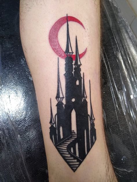 Castlevania Castle Tattoo, Cryptid Flash Tattoo, Dracula Inspired Tattoo, Vampire Tatoos Ideas, Gothic Vampire Tattoo, Vampire Themed Tattoos, Vampire Castle Tattoo, Dracula Tattoo Design, Dracula Tattoo Ideas