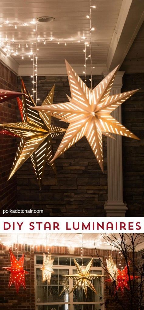 How to hang Star Luminaires on your front porch- what a clever idea for decorating your porch for Christmas Christmas Lights Decor Ideas, Hanging Star Lights, Christmas Lights Decor, Christmas Front Porch Decor, Christmas Lights Inside, Diy Christmas Star, Outdoor Christmas Diy, Indoor Christmas Lights, Diy Luminaire