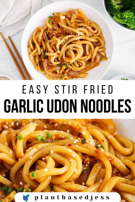 View on a bowl of vegan garlic udon noodles. Instant Pot Udon Noodles, Recipe For Udon Noodles, Asian Style Garlic Noodles, Meal Ideas Asian, Chilli Garlic Udon Noodles, Udon Dinner Recipes, Chinese Udon Noodle Recipes, Garlic Udon Noodle Recipe, Easy Vegetarian Noodle Recipes