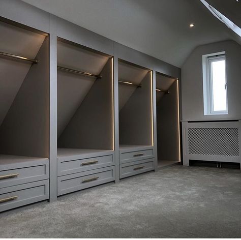 Loft Conversion Dressing Room, Loft Closet, Loft Conversion Bedroom, Attic Bedroom Storage, Attic Wardrobe, Bedroom Built In Wardrobe, Attic Bedroom Designs, Attic Closet, Closet Design Layout