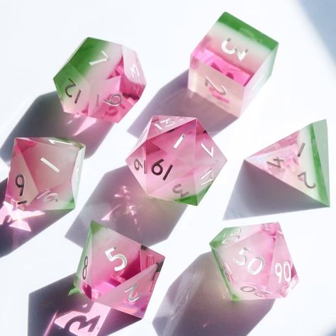 Watermelon Dice Handmade Resin Sharp Edge Dice Set for Dnd, D&D, Dungeons and Dragons, RPG Dice, Cute Dice, Kawaii Dice, Pink, Fruit - Etsy Diy Resin Dice, Dice Ideas, Cool Dnd Dice, Dice Dragon, Dnd Crafts, Iridescent Foil, Top Games, Pink Fruit, Dnd Stuff