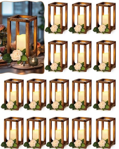 PRICES MAY VARY. Quantity and Size: you will receive 16 pieces of lantern candle holders and 16 pieces of flameless decorative LED candles; Each lantern measures about 10.6 x 5.5 x 5.5 inches and each LED candle is about 5 x 3 x 3 inches, proper size for you to use Solid Material: the farmhouse lanterns home decoration is made of wood material, sturdy and stable in structure, smooth in surface, not easy to break, deform, reusable and suitable for long time use; Please note that you need to assem Candles For Wedding, Wedding Lantern, Lantern Centerpiece, Lantern Set, Wooden Candle, Candle Lantern, Rustic Wedding Centerpieces, Led Candles, Wedding Centerpieces