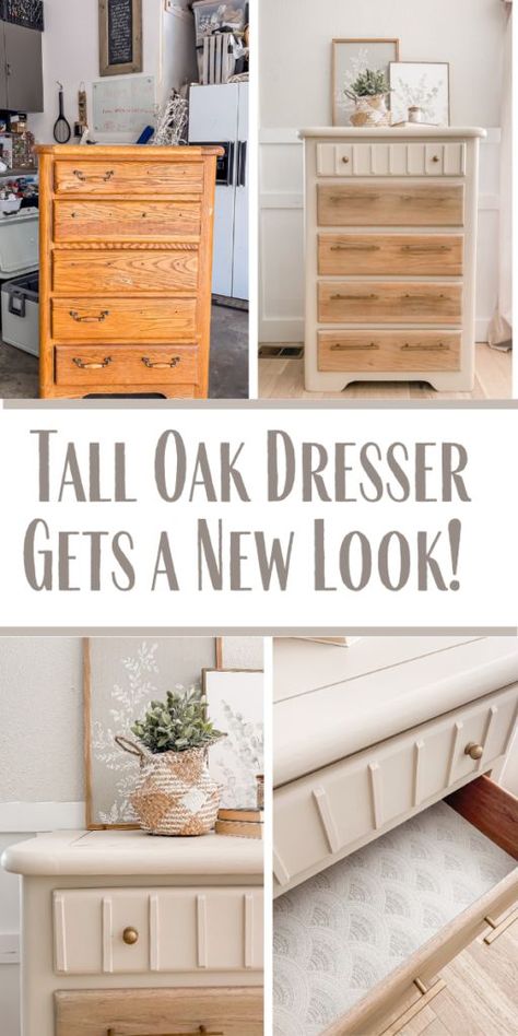 Tall Oak Dresser Gets a New Look 5 Drawer Dresser Makeover Diy, Flipping Dresser Ideas, Tall Dresser Makeover Diy Repurposing, Wooden Furniture Makeover, Redo Dresser Ideas, Refurbish Dresser, Diy Bedroom Furniture Makeover, Oak Dresser Makeover, Vanity Flip