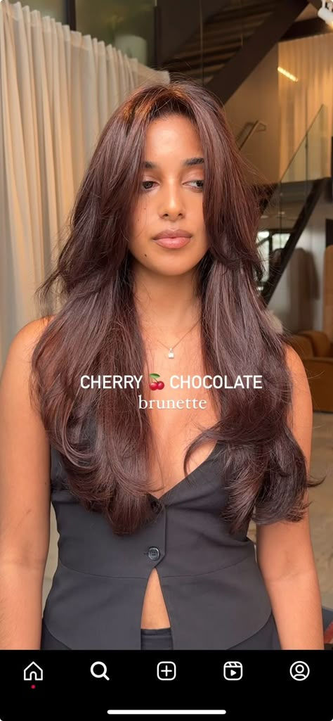 Curly Hair Color Ideas For Mixed Women, Plum Red Hair Color Black Women, Hair Dye For Morena Skin, Hair Color Ideas For Darker Skin Tones, Dark Auburn Hair Color Balayage, Hair Colours For Hazel Eyes, Mahogany Brown Hair Color Black Women, Hair For Latinas Color, Copper Hair On Dark Hair