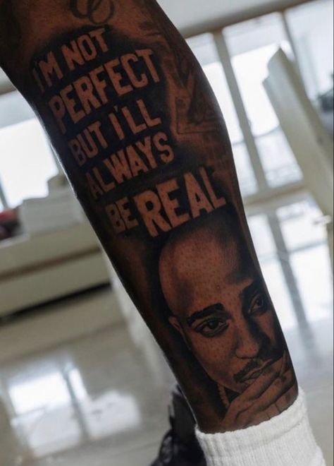 Tupac Leg Tattoo, Short Tatto With Deep Meaning, Yb Tattoo Ideas, Patchy Leg Tattoo Sleeve, Riley And Huey Tattoo Designs, To Be Young Gifted And Black Tattoo, Easy Hand Tattoos For Guys, Thug Tattoos For Men, Leg Tattoo Men Black