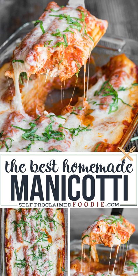 Manicotti stuffed with melted cheese and smothered in marinara sauce is pure comfort food! This easy dinner recipe satisfies all the cravings. #manicotti #easy #cheese #homemade #filling Vegetarian Manicotti, Homemade Manicotti Recipe, Best Manicotti Recipe, Homemade Manicotti, Manicotti Pasta, Cozy Cook, Manicotti Recipe, Italian Dinner Recipes, Pasta Rice