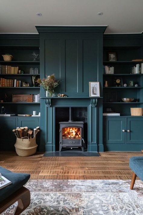 Melanie Jade Design Teal Snug Room, Dark Teal Home Decor, Mantle And Built In Shelves, Dark Teal Library, Dark Teal Office Walls, Dark Blue Green Living Room, Teal Basement, Teal Wainscoting, Inchyra Blue Living Room