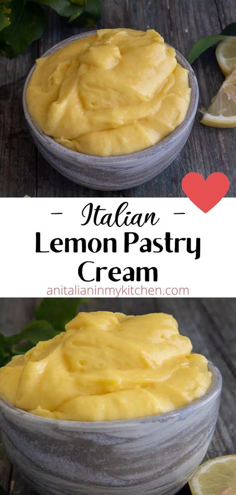 Smooth and creamy Italian lemon pastry cream is made with egg yolks, milk, sugar and flour and flavored with lemon. Rich and thick, crema pasticcera is used in many Italian desserts from cakes, to doughnuts, to tarts! Sweet and velvety Italian lemon pastry cream is incredible! Called crema pasticcera in Italy or crème pâtissière in French, it is an essential filling in many Italian desserts including bombolini (Italian doughnuts) and this lemon cake. Italian Pastry Cream Recipe, Lemon Pastry Cream, Italian Pastry Cream, Lemon Pastry, Lemon Cake Filling, Cream Filling Recipe, Lemon Cream Cake, Pastry Cream Recipe, Pastry Cream Filling