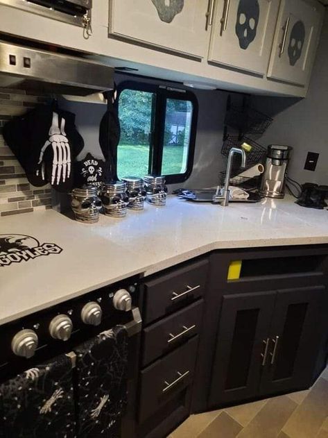 Black And White Goth Kitchen, Gothic Van Life, Small Goth Kitchen, Gothic Rv Decor, Gothic Camper Interior, Goth Trailer Home, Goth Farmhouse Kitchen, Goth Mobile Home, Goth Rv Interior