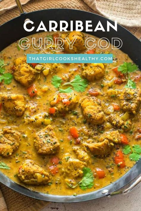 Caribbean Curry Cod in a frying pan. Vegan Jamaican, Caribbean Dishes, Cod Fish Recipes, Cod Recipe, Jamaican Cuisine, Jamaican Dishes, Tropical Food, Jamaican Food, Caribbean Style