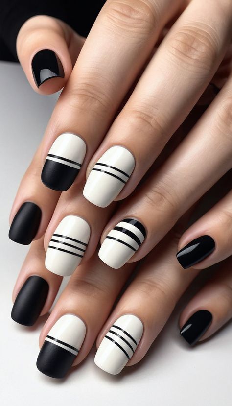 fancy nail art with black and white nail paint Easy Black And White Nail Designs, Nail Striping Tape Designs, White Nail Paint, Easy Diy Nail Designs, Nail Art With Black, Nails Blue Glitter, Beginner Nails, White Nail Inspo, Stripe Nail Art