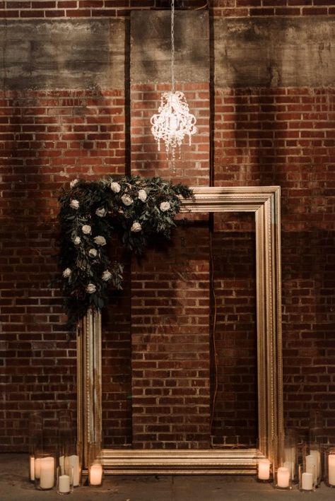 Cadre Photo Booth, Moody Winter Wedding, Ceremony Backdrop Indoor, Thick Forest, Winter Wedding Planning, Gilded Frame, Romantic Wedding Ceremony, Indoor Wedding Ceremonies, January Wedding