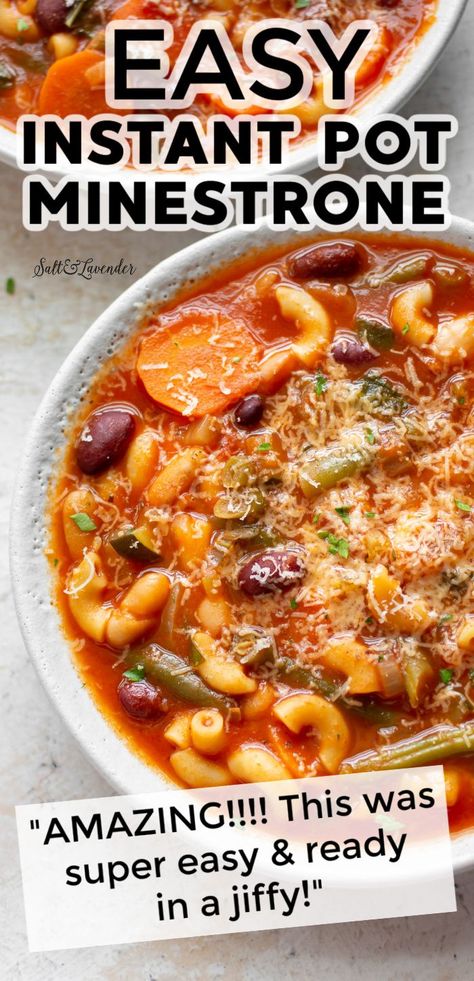 Quick and comforting, this easy Instant Pot minestrone soup is a classic dish made fast in your pressure cooker! It's super flavorful with so many veggies and pasta. Vegan Minestrone Soup Instant Pot, Insta Pot Minestrone Soup, Instant Pot Minestrone Soup Recipe, Instant Pot Minestrone Soup With Beef, Ministroni Soup Recipe Instant Pot, Instapot Minestrone Soup Recipe, Instapot Minestrone Soup Recipes, Instapot Minestrone Soup, Vegetable Soup In Instant Pot