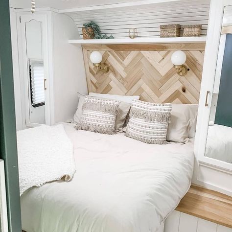 RV Bedroom Renovations Rv Interior Remodel, Tiny House Camper, Caravan Makeover, Camper Trailer Remodel, Vintage Camper Remodel, Rv Renovation, Trailer Decor, Caravan Renovation, Diy Camper Remodel