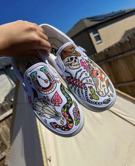 @ buckandcoyotes on Instagram Diy Vans Paint, Vans Painting Ideas, Drawing On Vans, Western Sneakers, Diy Painted Vans, Painted Vans Diy Easy, Van Shoe Painting Ideas, Painted Vans Ideas, Painting Vans