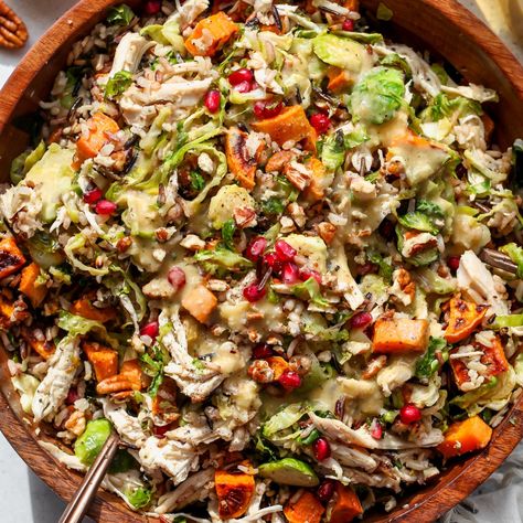 Harvest Fall Salad with Caramelized Shallot Dressing Wild Rice Blend, Shallot Dressing, Shredded Rotisserie Chicken, Autumn Salad Recipes, Caramelized Shallots, Fall Salad, Cooking Wild Rice, Shredded Brussel Sprouts, Squash Salad