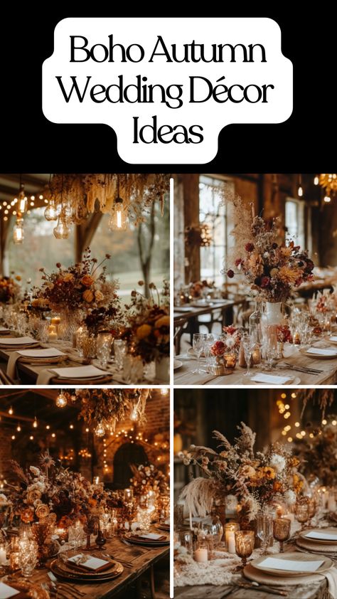 Boho autumn wedding decor with earthy tones, dried flowers, vintage accents, and warm lighting creating a cozy, rustic vibe for a fall celebration. Fall Wedding In Woods, Fall Boho Table Decor, November Wedding Ideas Decoration, Autumnal Wedding Decor, Fall Night Wedding, September Wedding Decorations, Simple Boho Wedding Decor, October Wedding Centerpieces, November Wedding Ideas