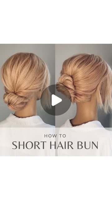 Melbourne Bridal Hairstylist/Educator on Instagram: "♡ short hair buns ♡   I love creating on shorter hair lengths! Here are two ideas of how to style a short hair bun.   First we have the soft low bun. Twists are our friend when creating updos on shorter lengths as they hold the shorter layers in.  Padding is also a great help as it can make the appearance of more hair by filling out the hair we do have to work with.. Here we have our soft low bun   This next is a sleeker mid bun created simply by inverting a pony at the base, separating remaining hair into two before twisting and securing one piece then the other.  With this look I like to leave those short ends out for a modern feel.   Which is your fave, style 1 or 2? Let me know in the poll below.  If you’re interested in learning mor Wedding Hair For Guests Short Hair, Hair Bun For Layered Hair, Loose Curl Low Bun, Low Bun Wet Hair, Low Bun Mid Length Hair Tutorial, Wedding Guest Bun Hairstyles Short Hair, Bun Updo For Short Hair, Low Bun Updo Tutorial Short Hair, Up Do On Short Hair